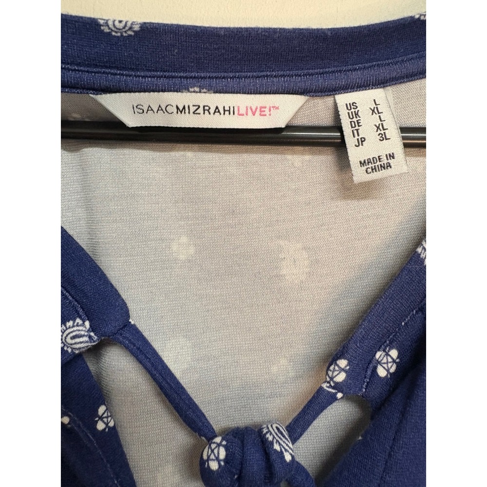 Isaac Mizrahi Live! V-Neck Short Sleeve Printed Blue/White Blouse Women's Size L - Picture 2 of 5
